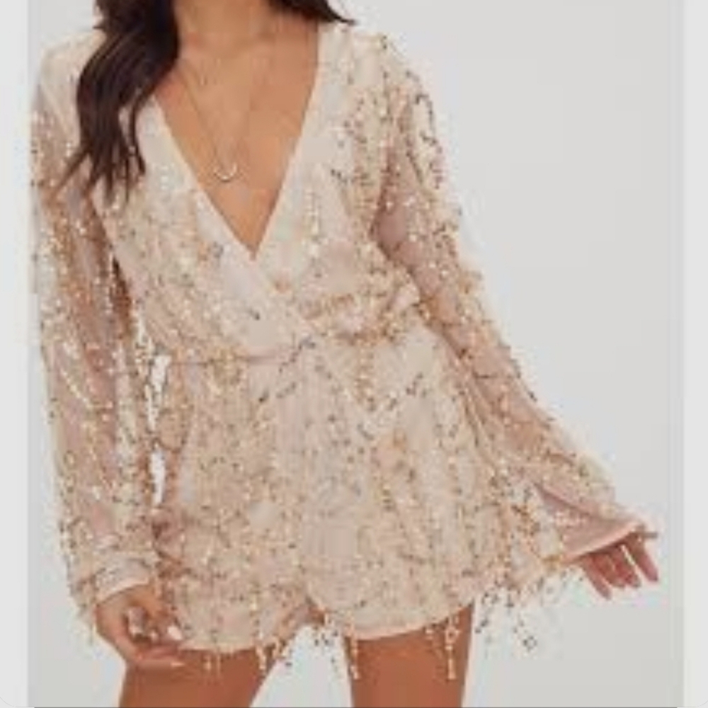 Pretty Little Thing Gold Sequin Bodycon Romper Size USA 12